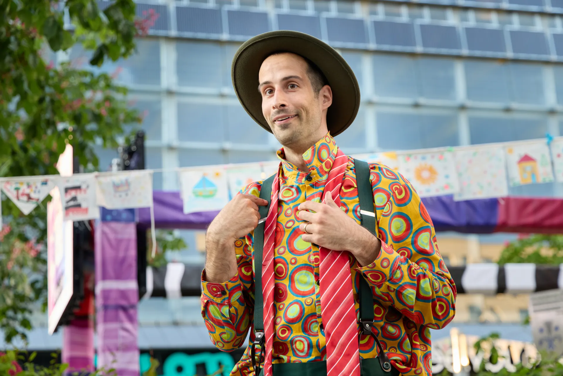 Artist putting on tie
